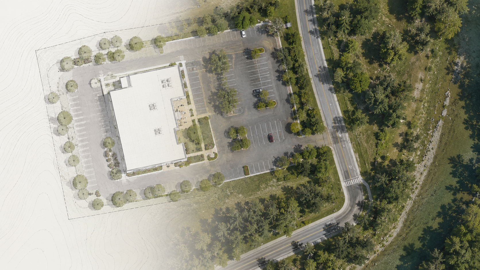 Commercial building site and parking lot transitioning from digital design to aerial view